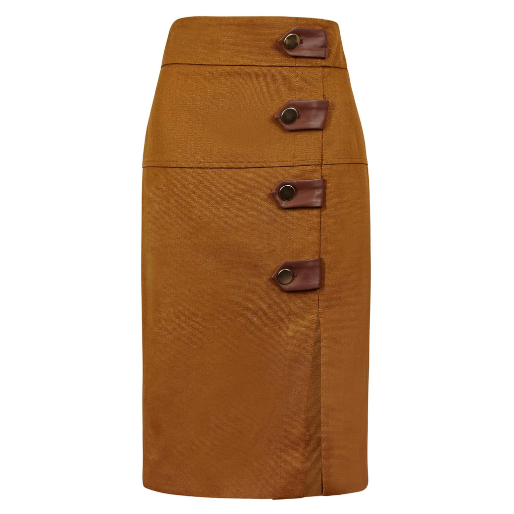 Brown mixed shop button pencil skirt