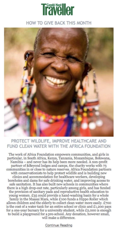 SKIIM Paris x Africa Foundation featured in CNTraveller's "How to Give Back this Month"