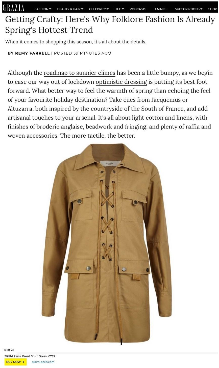 OUR SS21 VERUSCHKA DRESS FEAUTURED IN GRAZIA'S "Getting Crafty: Here's Why Folklore Fashion Is Already Spring's Hottest Trend"