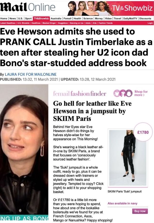 Eve Hewson in our Suki Jumpsuit featured on the DailyMail.co.uk - SKIIM Paris