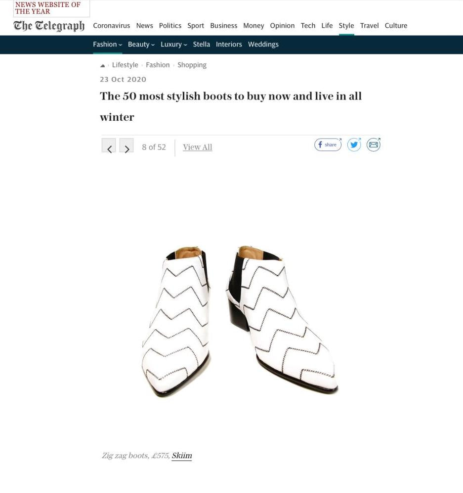 Our Valmy Zig Zag Leather Ankle Boots featured in The Telegraph's "50 Most Stylish Boots To Buy Now And Live In All Winter"