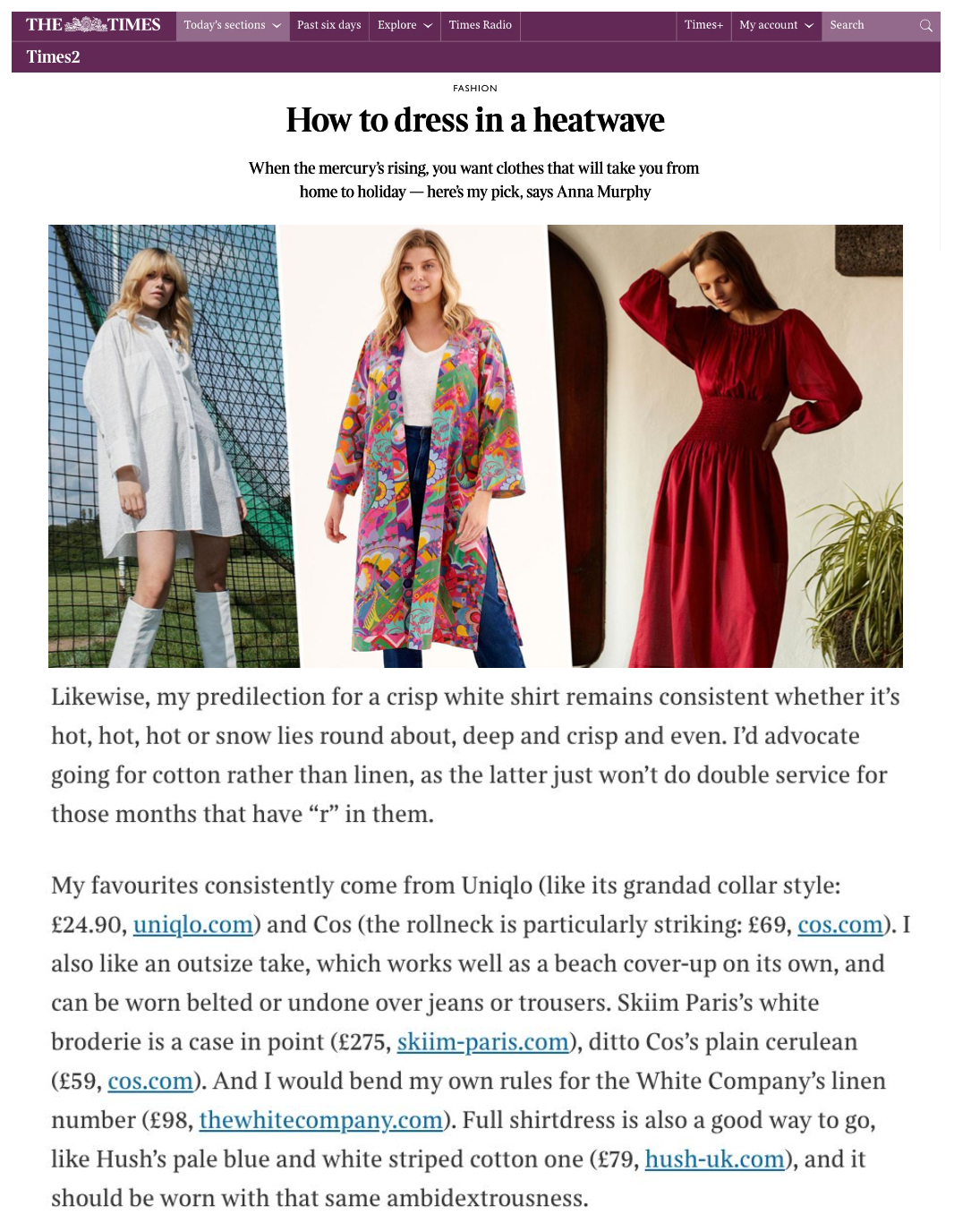 Our Clio Shirt featured in Times2's "How to Dress in a Heatwave"