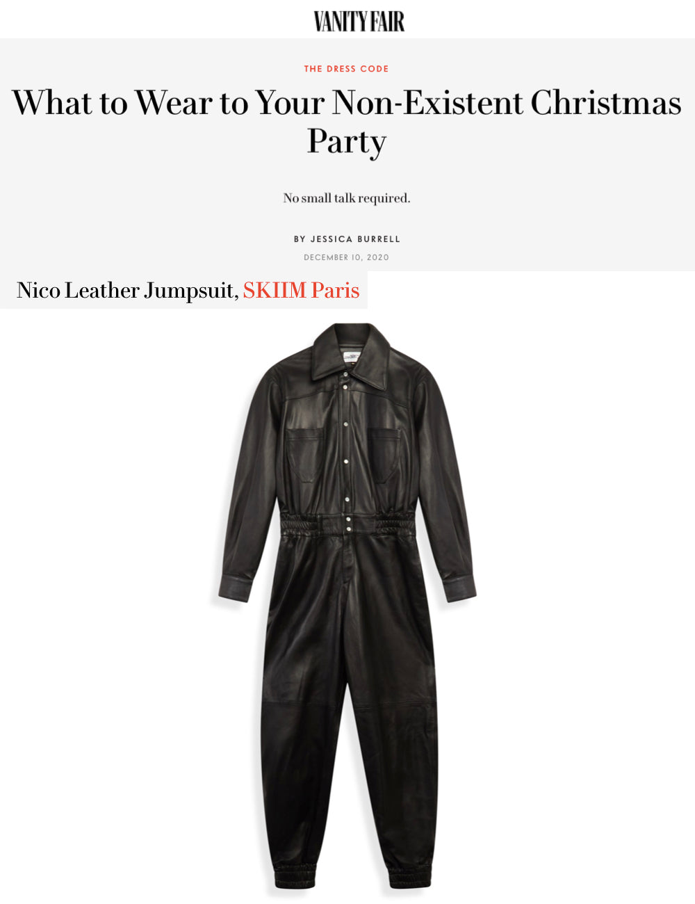 Our NICO Jumpsuit featured in Vanity Fair's: "What to wear to your non-existent Christmas party"