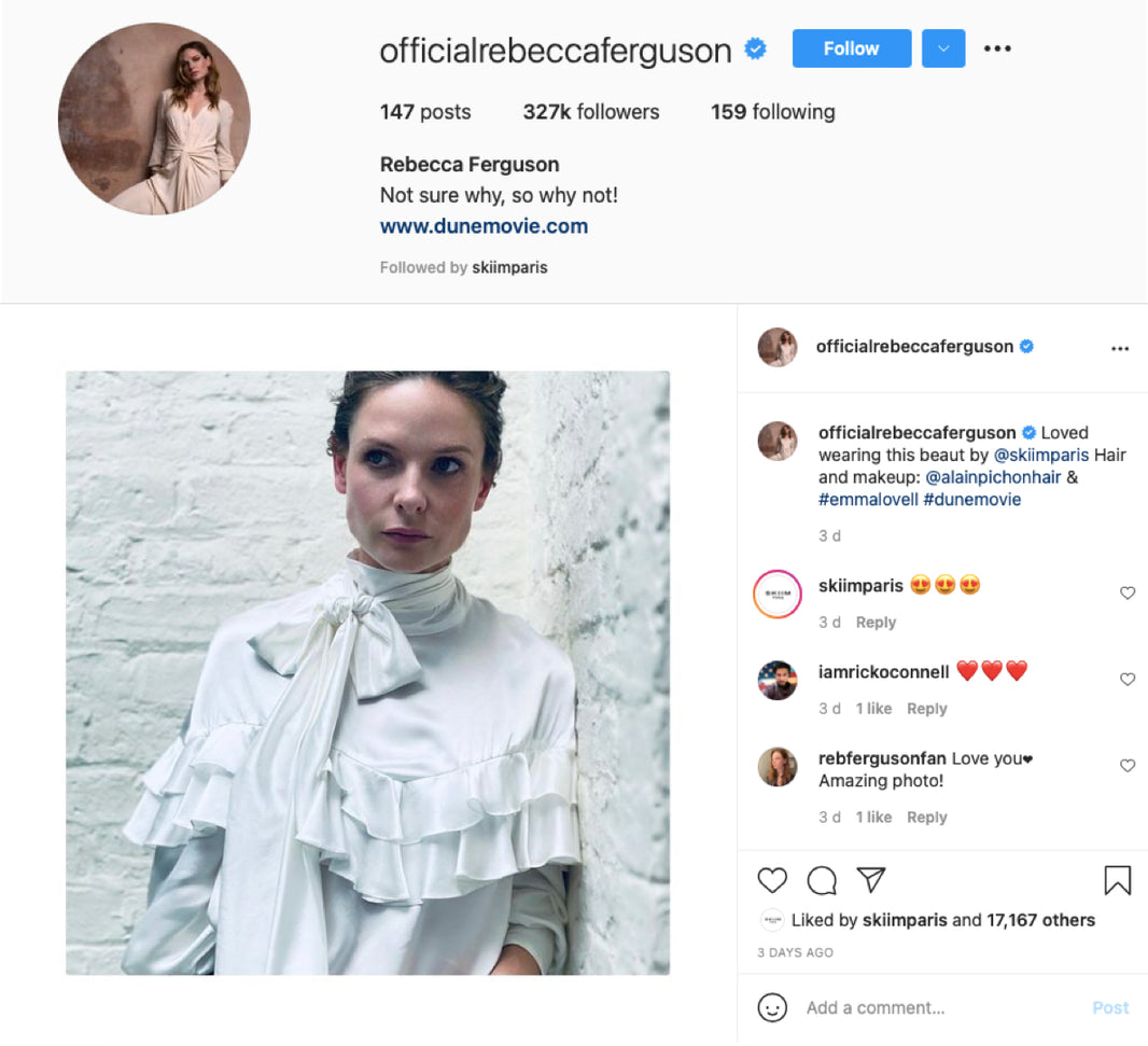 Rebecca Ferguson in our AW21 Gabrielle Ivory Silk Frill Top