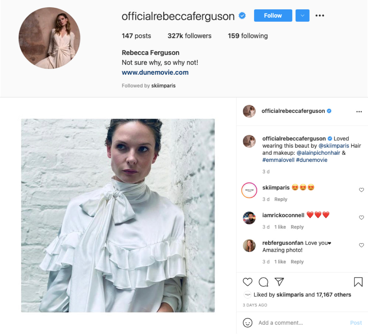 Rebecca Ferguson in our AW21 Gabrielle Ivory Silk Frill Top