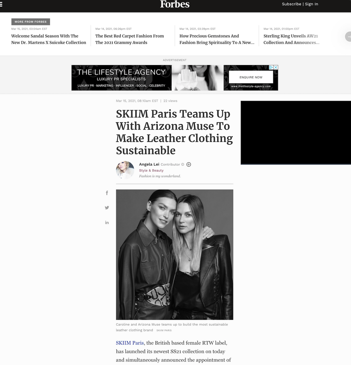 FORBES: SKIIM Paris Teams Up With Arizona Muse To Make Leather Clothing Sustainable - SKIIM Paris