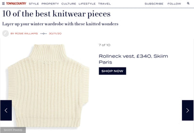 Our Roe Cashmere Vest featured in Town and Country's 10 of the best knitwear pieces!