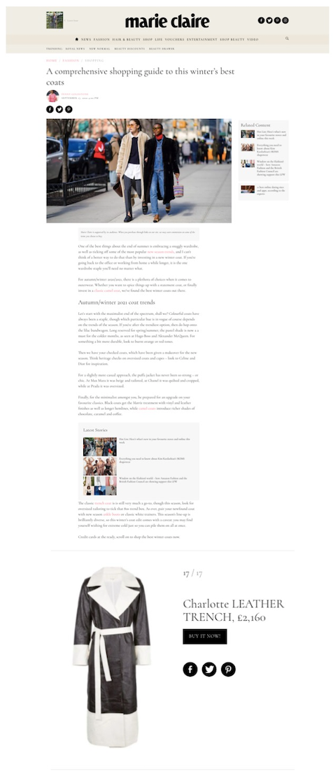 Our Charlotte Trench Coat is featured in Marie Claire UK Online in their comprehensive shopping guide to this winter's best coats!