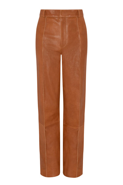 CAMILA - SLIT LEATHER TROUSER - COGNAC