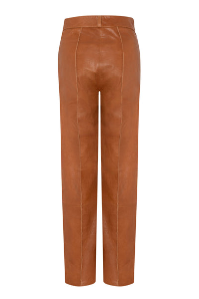 CAMILA - SLIT LEATHER TROUSER - COGNAC