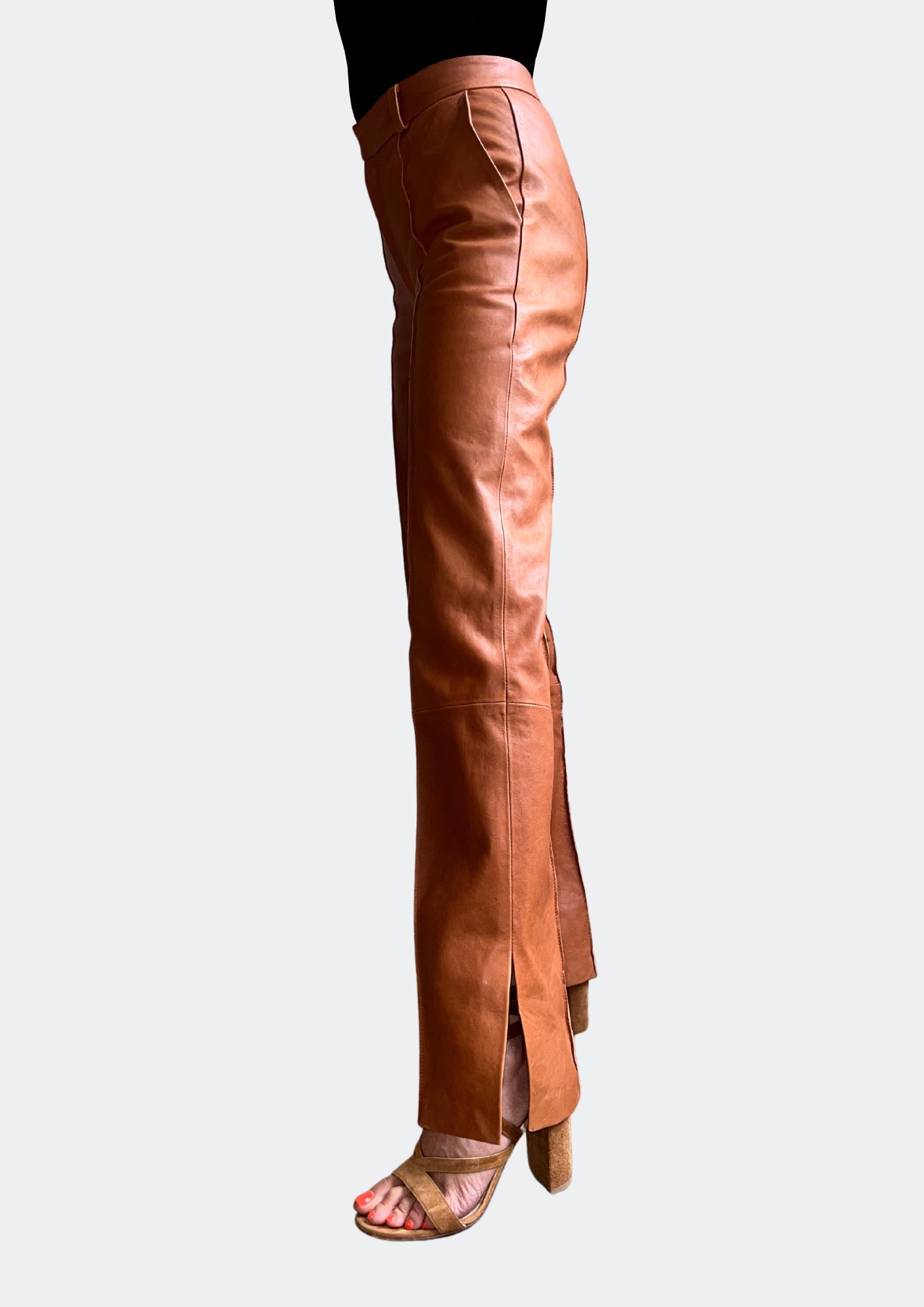 CAMILA - SLIT LEATHER TROUSER - COGNAC