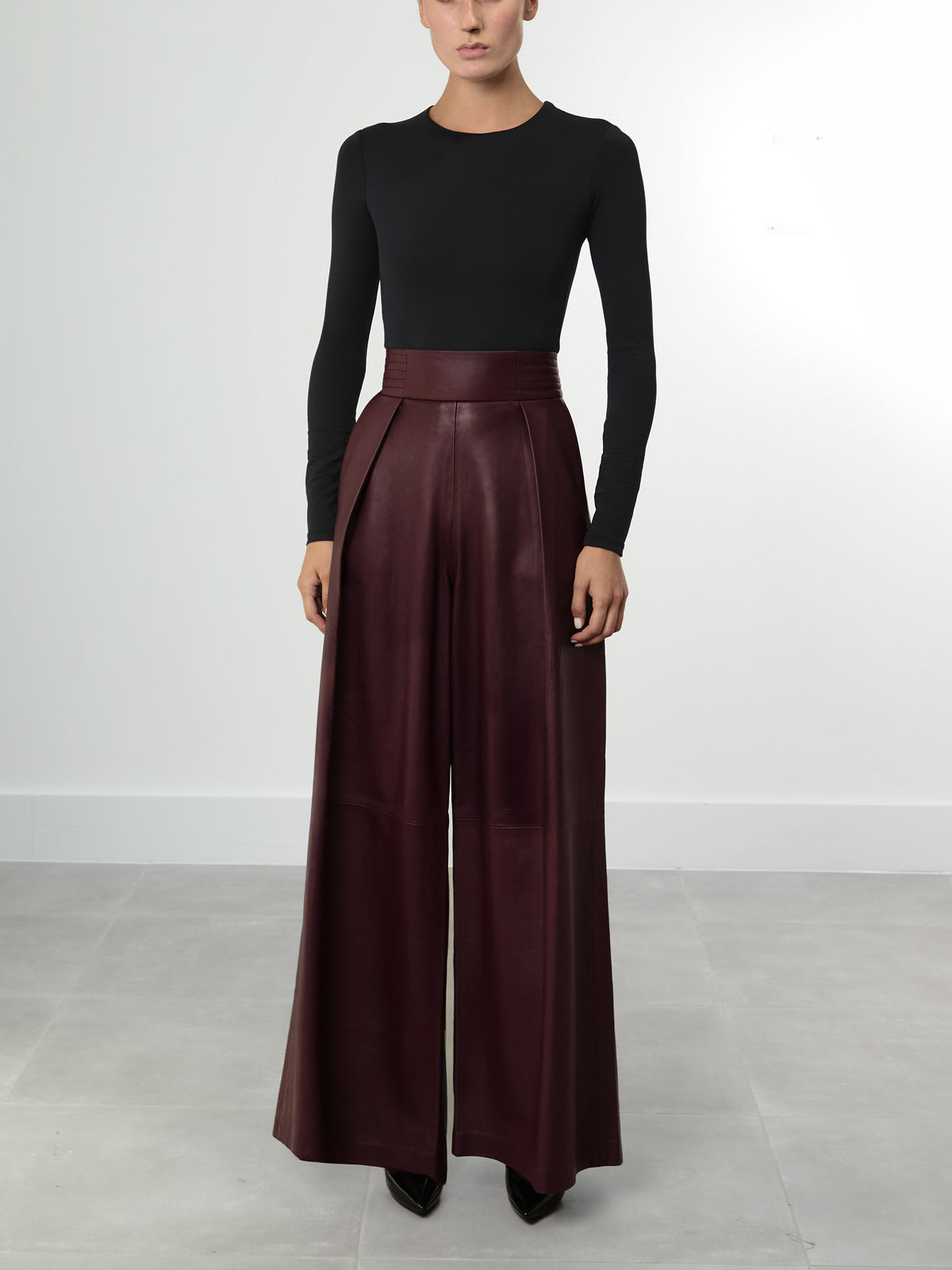 Wide Burgundy Leather Trousers