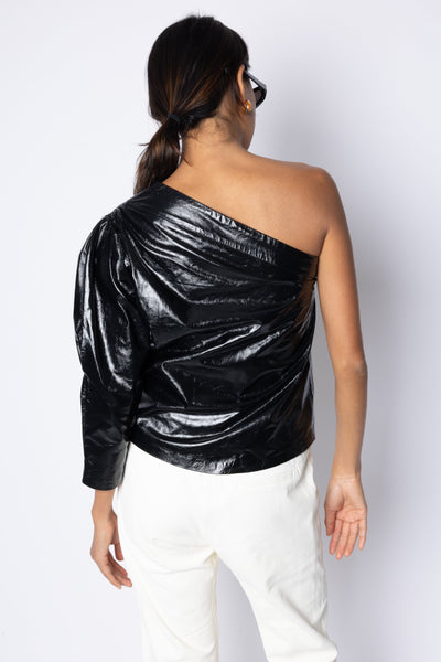 Maud GLOSSY ONE SHOULDER TOP - BLACK
