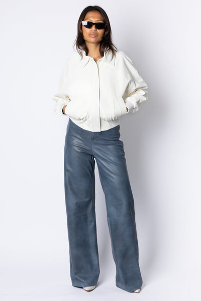 Edith STRIPE LEATHER TROUSER - PETROL BLUE / WHITE