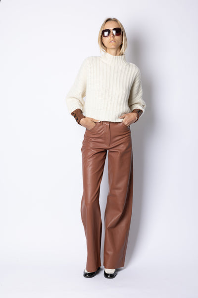 Hero CROPPED CASHMERE LEATHER SWEATER - MILK/COGNAC