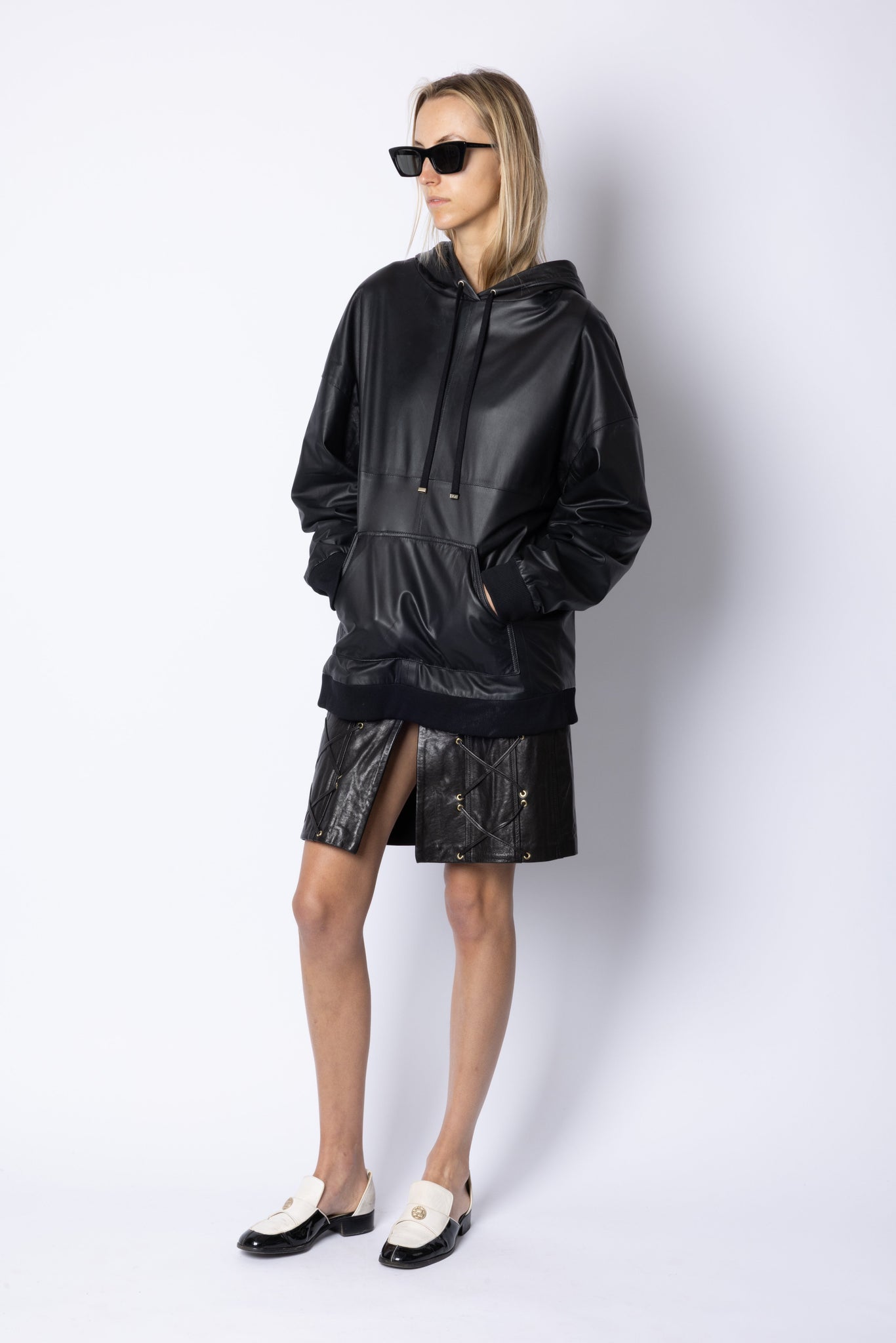 Marine LEATHER SOFT LINED HOODIE - BLACK