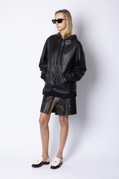 Marine LEATHER SOFT LINED HOODIE - BLACK