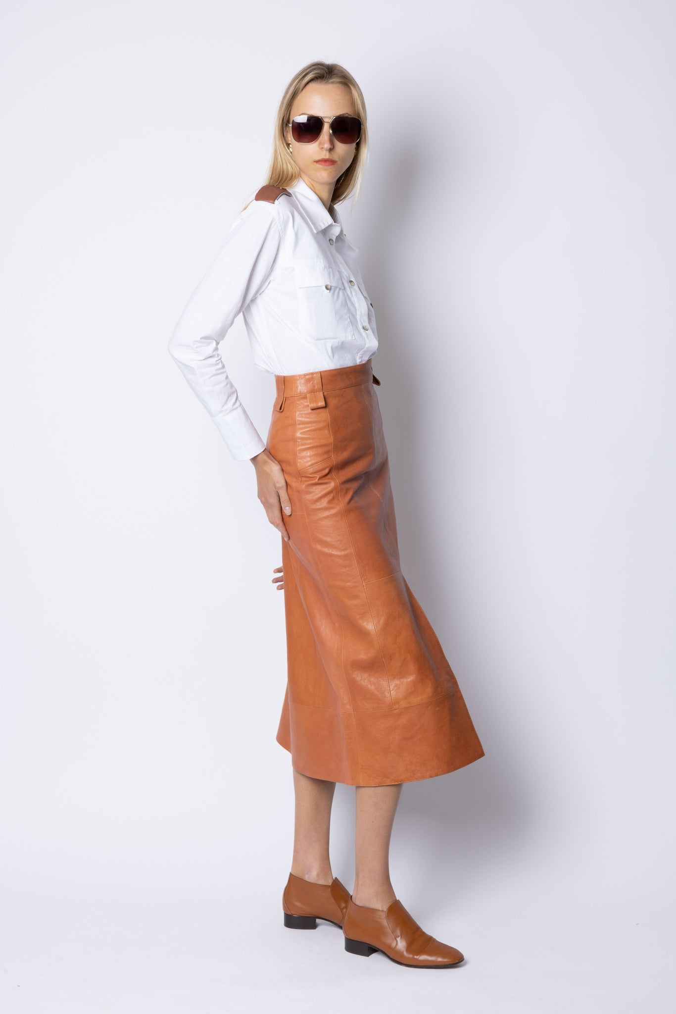 Farrah LEATHER MIDI SKIRT - COGNAC