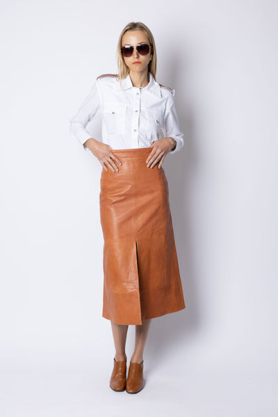 Farrah LEATHER MIDI SKIRT - COGNAC