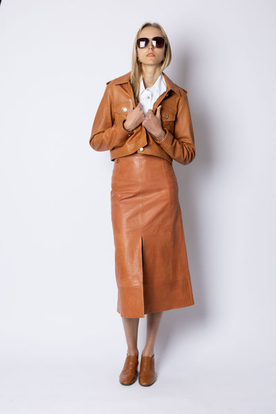 Farrah LEATHER MIDI SKIRT - COGNAC