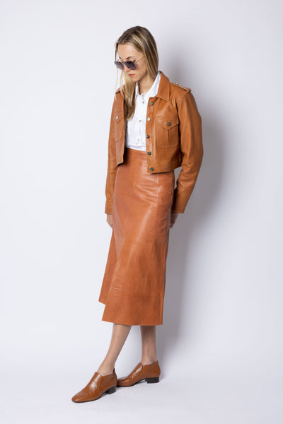 Farrah LEATHER MIDI SKIRT - COGNAC
