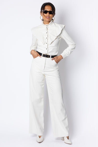 Alice LEATHER RUFFLE NECK BLOUSE - MILK