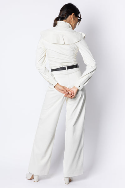Alice LEATHER RUFFLE NECK BLOUSE - MILK
