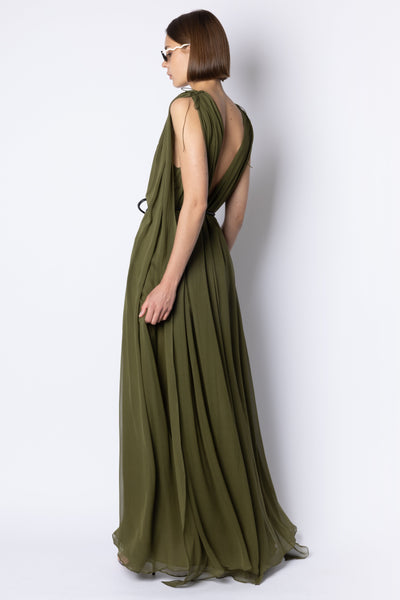 RACHEL CHIFFON SILK DRESS - KHAKI