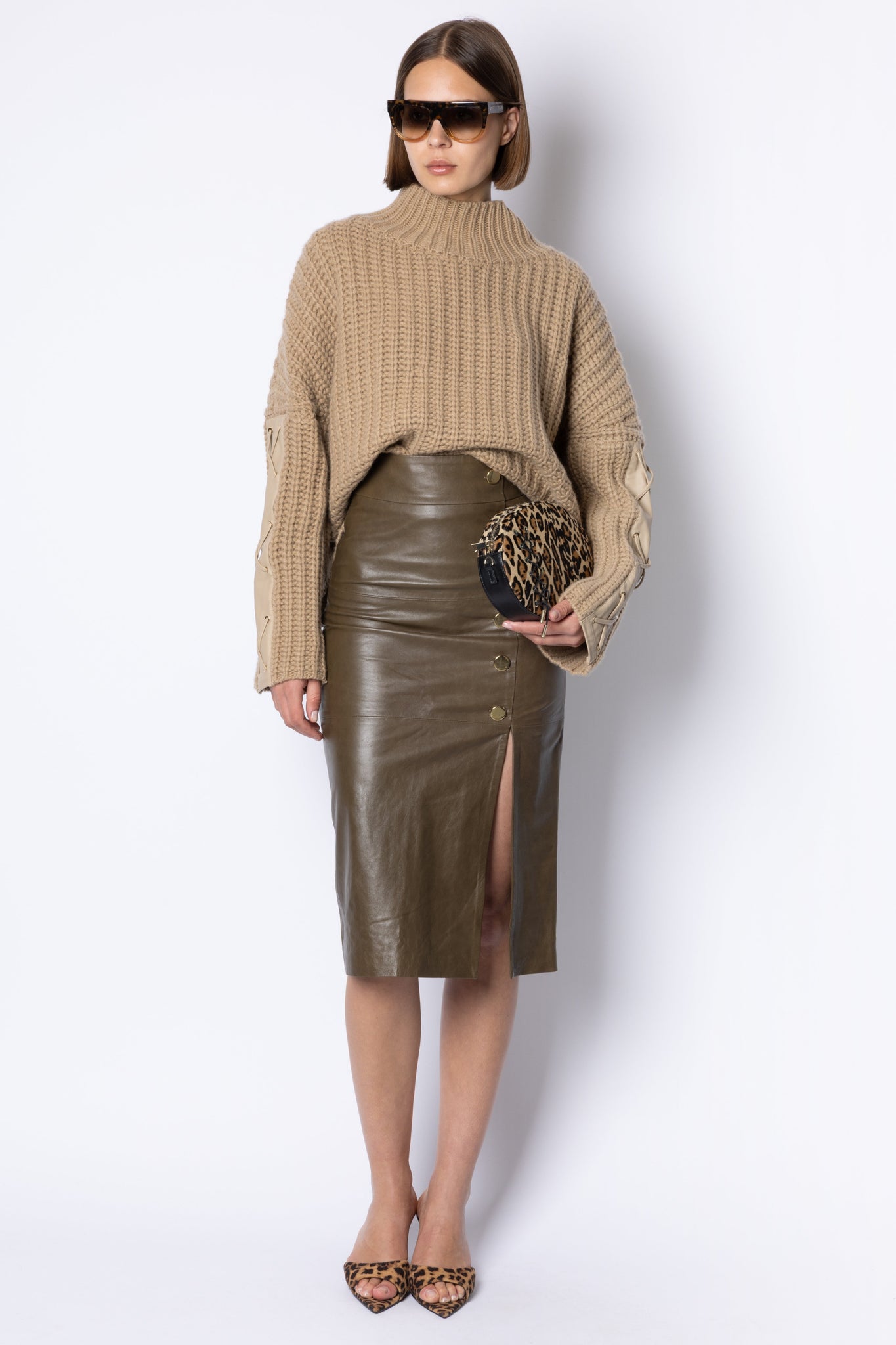 Lucy BUTTON FRONT LEATHER SKIRT - KHAKI