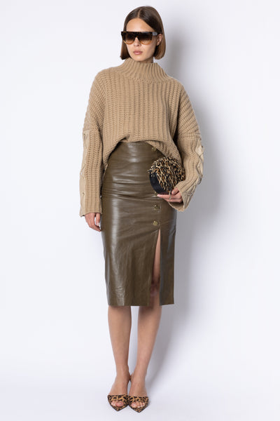 Lucy BUTTON FRONT LEATHER SKIRT - KHAKI