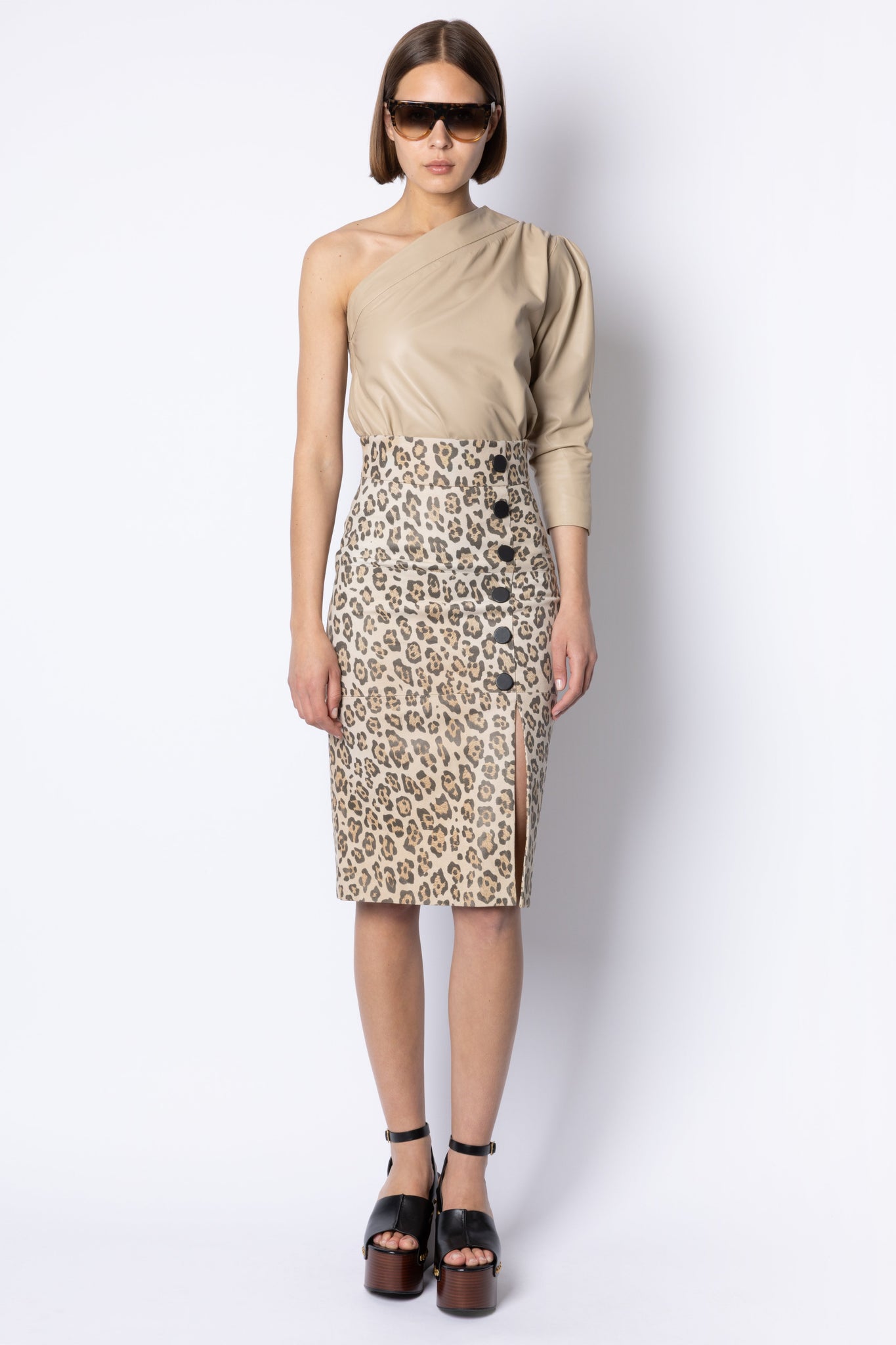 Lucy BUTTON FRONT LEATHER SKIRT - LEOPARD