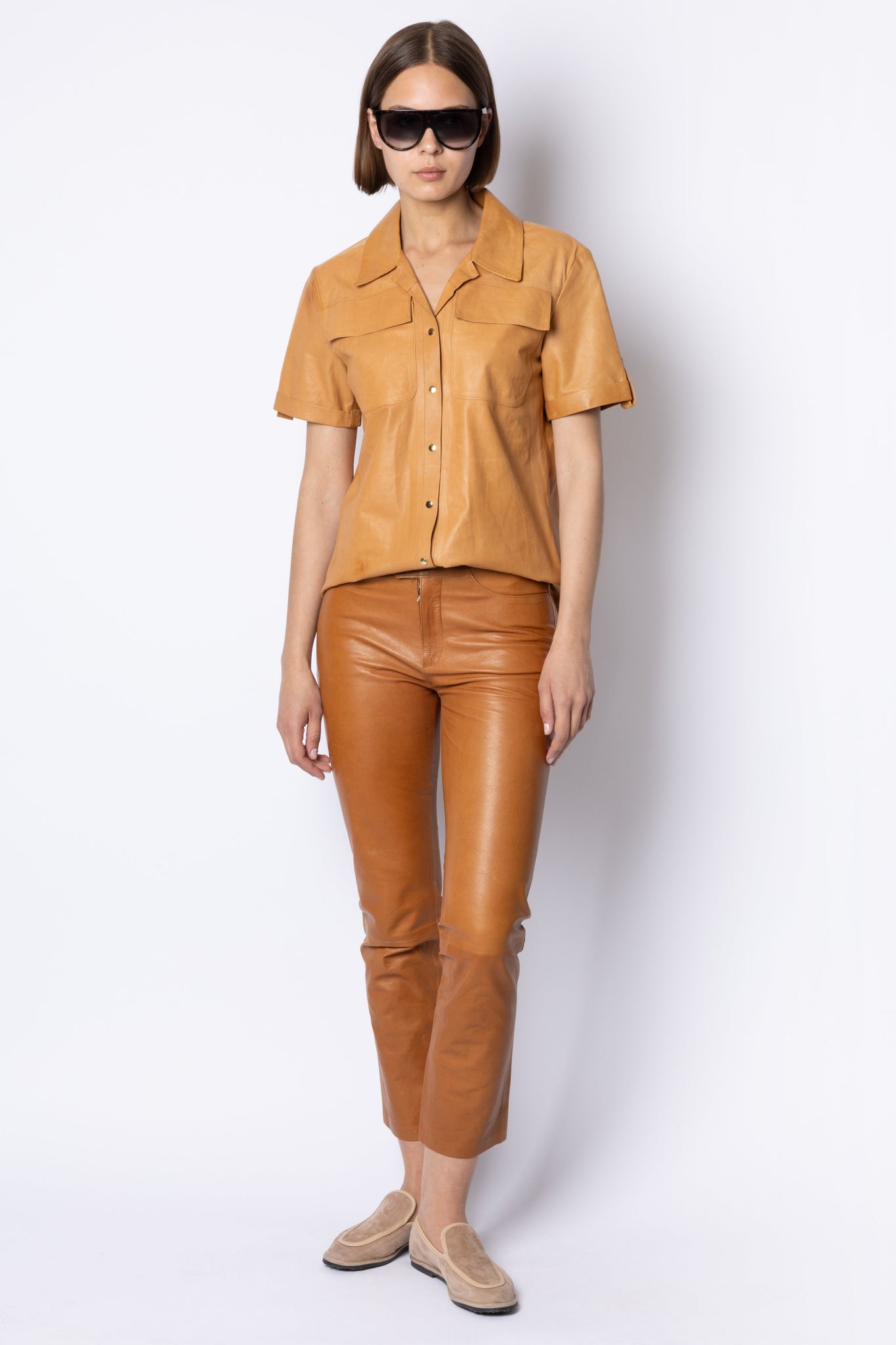 Jean CROPPED LEATHER TROUSER - COGNAC