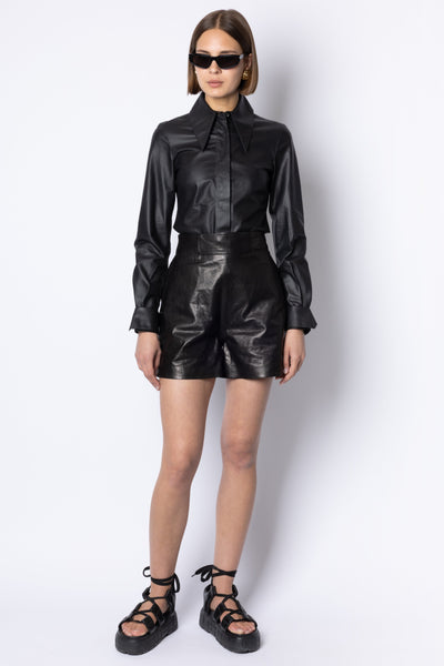Bambi PEAKED-COLLAR LEATHER SHIRT - BLACK