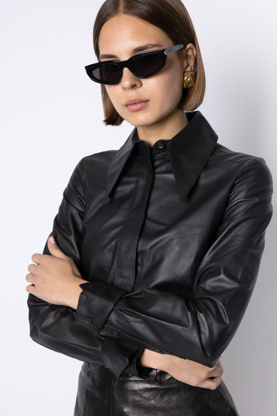 Bambi PEAKED-COLLAR LEATHER SHIRT - BLACK