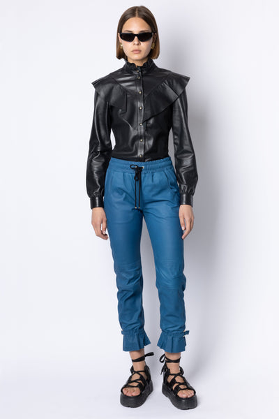 Alice LEATHER RUFFLE NECK BLOUSE - BLACK
