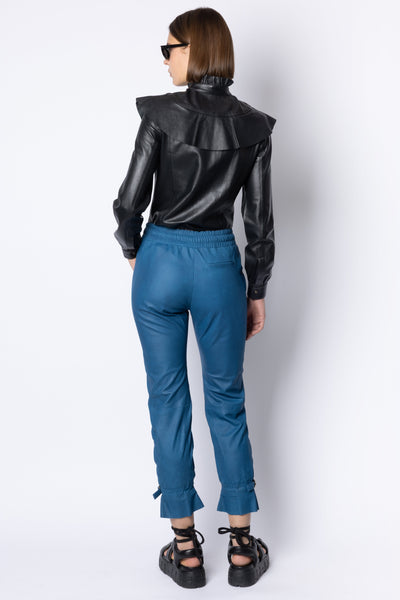 Alice LEATHER RUFFLE NECK BLOUSE - BLACK