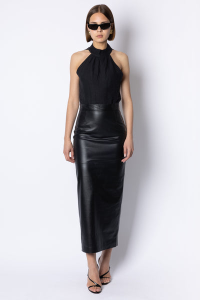 Anna LINEN HALTER NECK TOP - BLACK