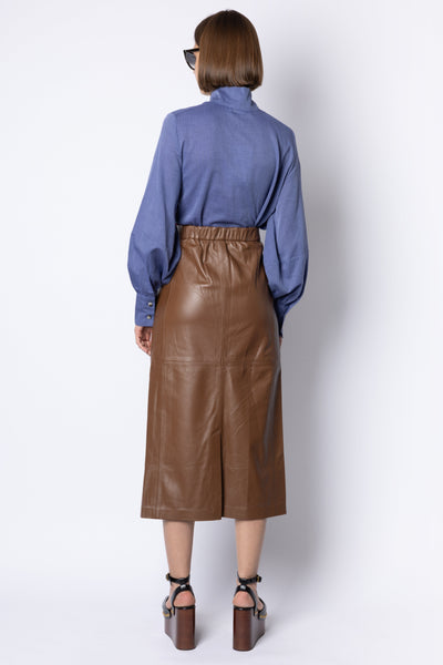Jocelyn BUCKLE-NECK TOP - INDIGO/BROWN