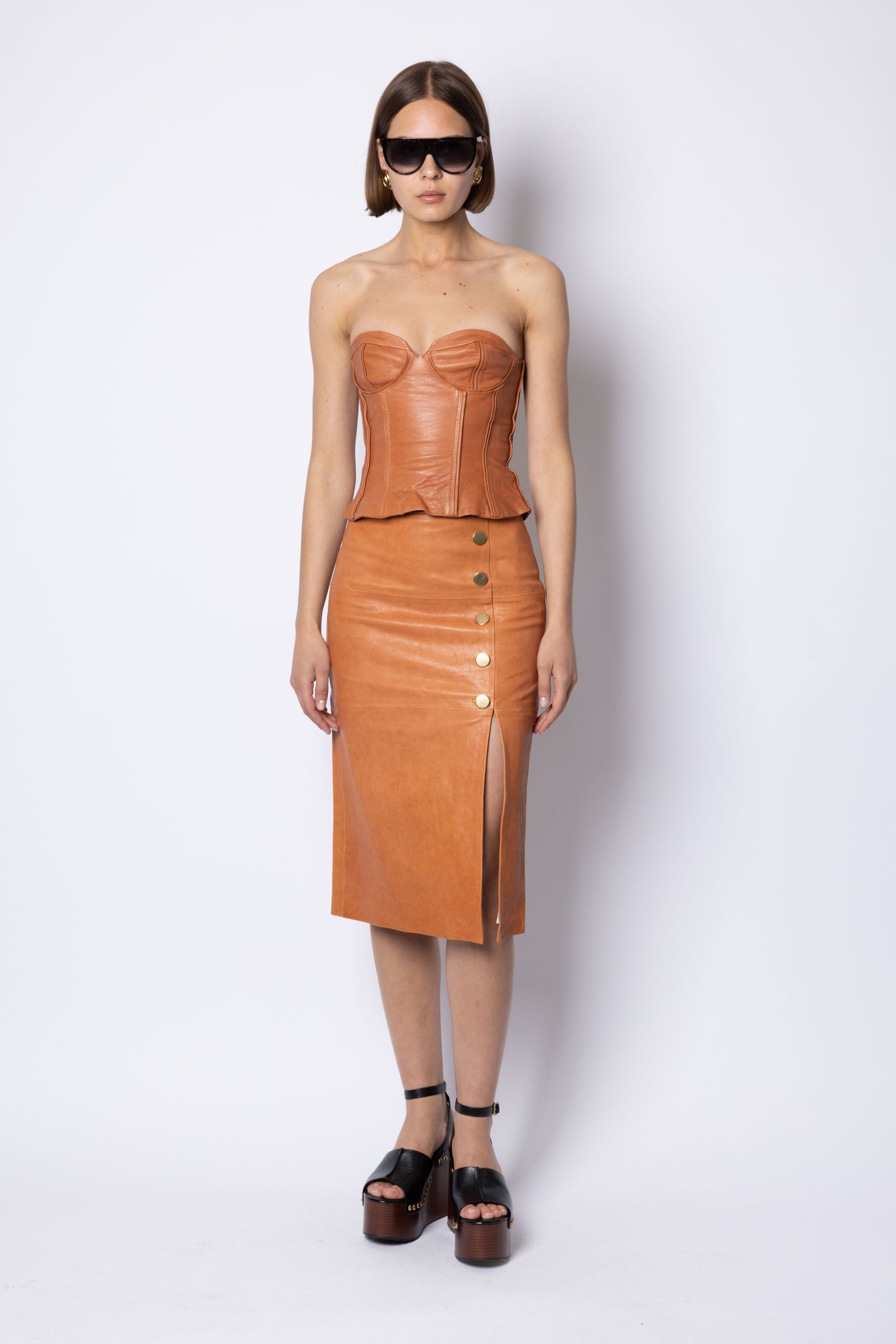 Lucy BUTTON FRONT LEATHER SKIRT - COGNAC