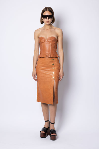 Lucy BUTTON FRONT LEATHER SKIRT - COGNAC