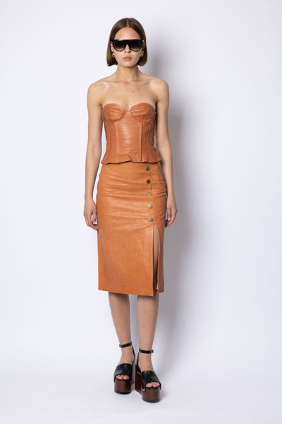 Lucy BUTTON FRONT LEATHER SKIRT - COGNAC