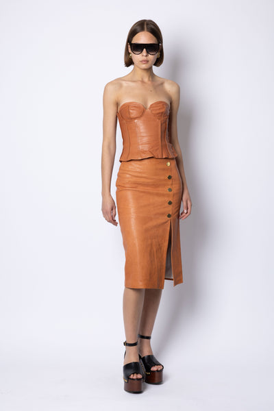 Lucy BUTTON FRONT LEATHER SKIRT - COGNAC