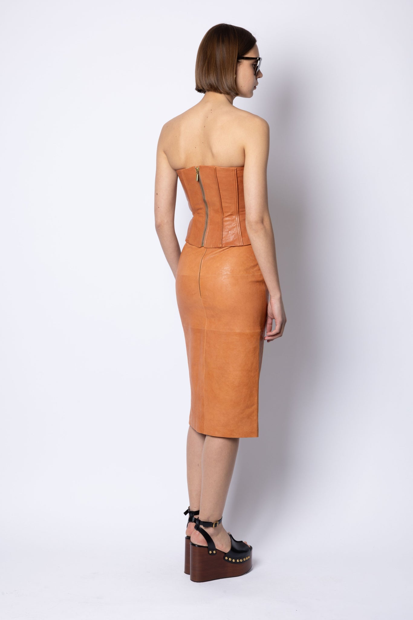 Lucy BUTTON FRONT LEATHER SKIRT - COGNAC