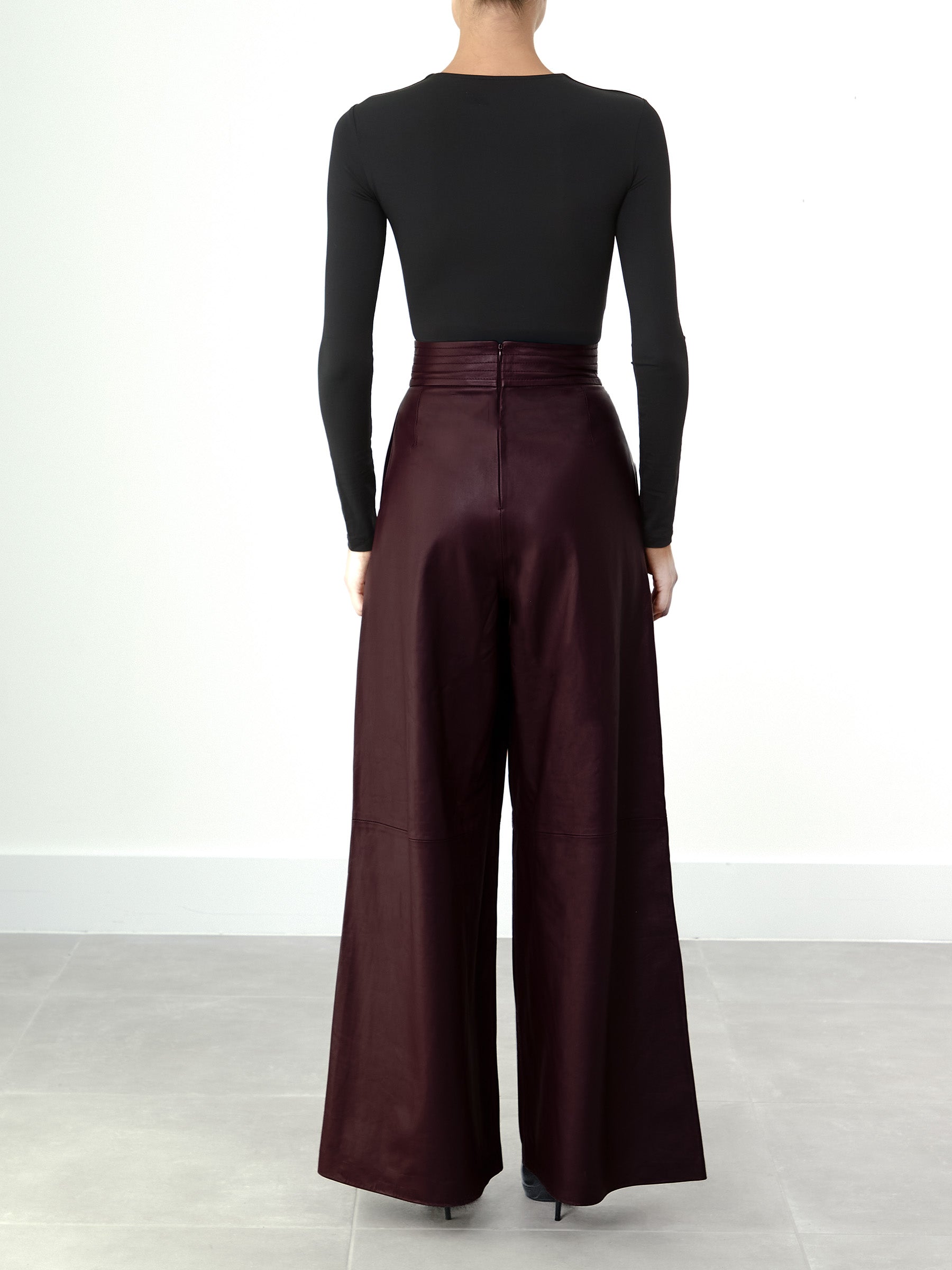Wide Burgundy Leather Trousers