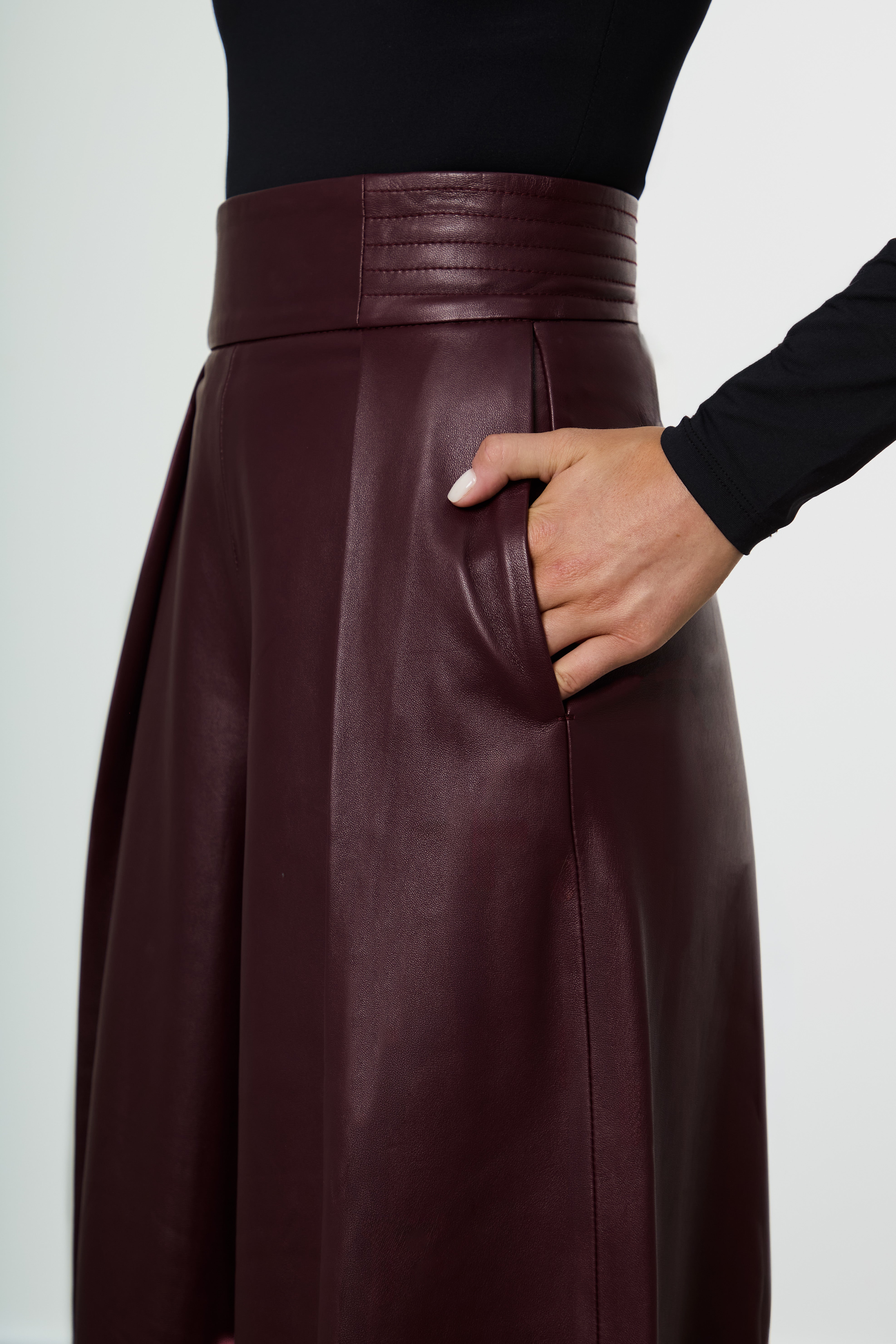 Wide Burgundy Leather Trousers