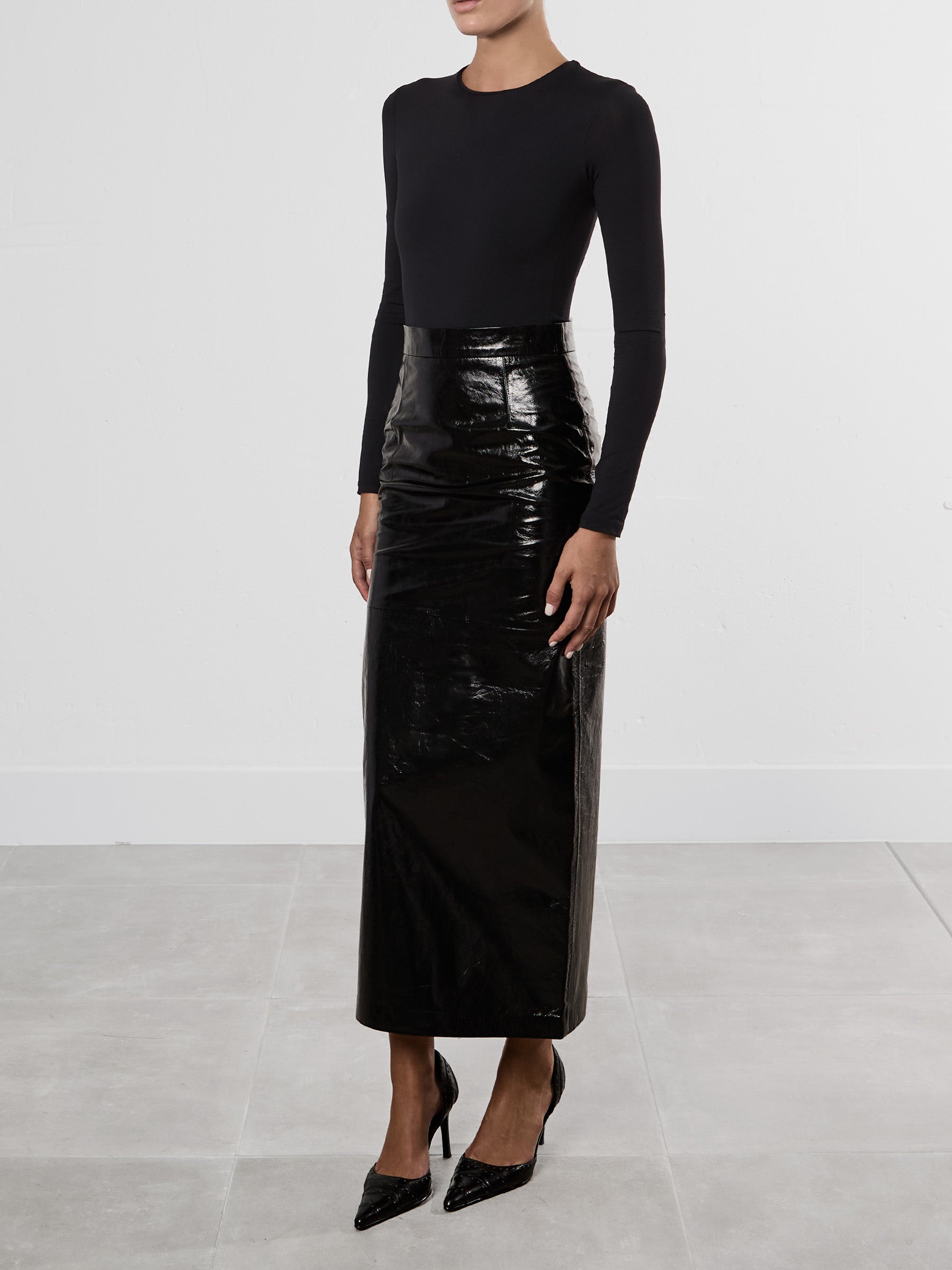 Black Patenet Leather Maxi Pencil Skirt