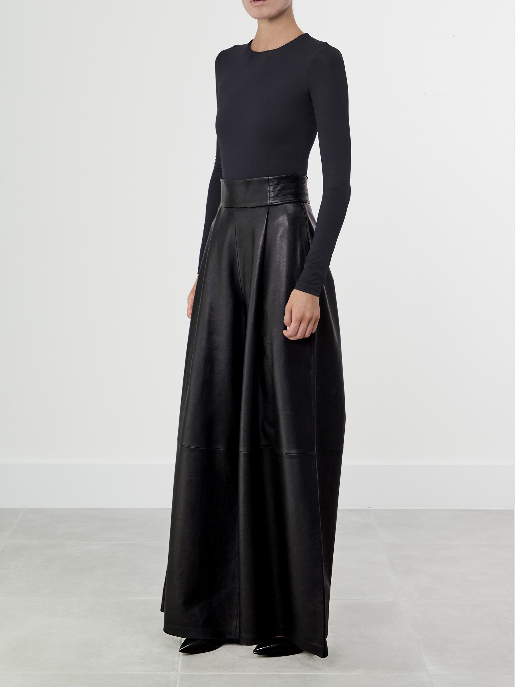 Black Leather Wide Leather Trousers