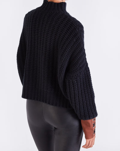 Hero CROPPED CASHMERE LEATHER SWEATER - BLACK