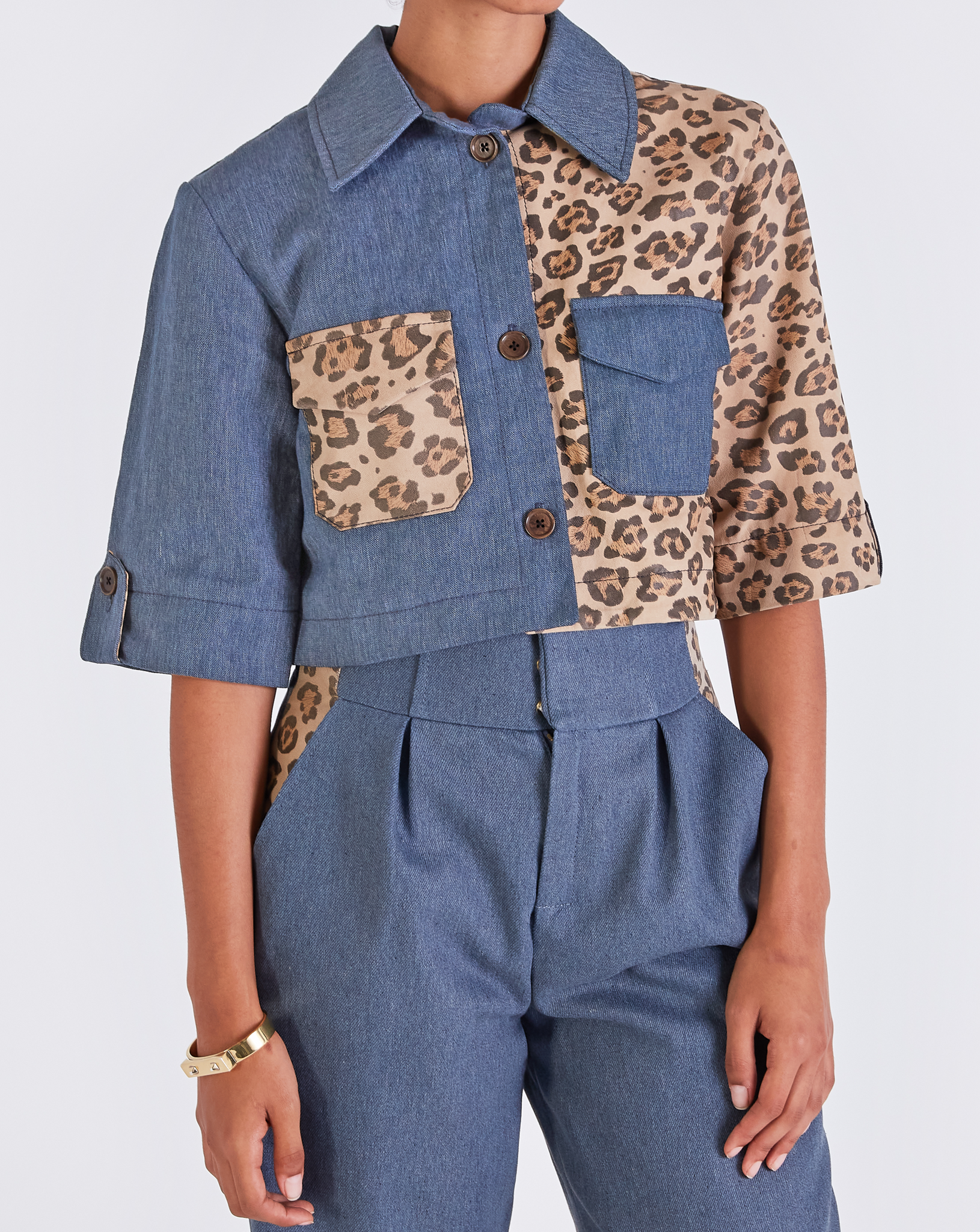 Coco CROPPED BUTTON THROUGH TOP - DENIM / LEATHER