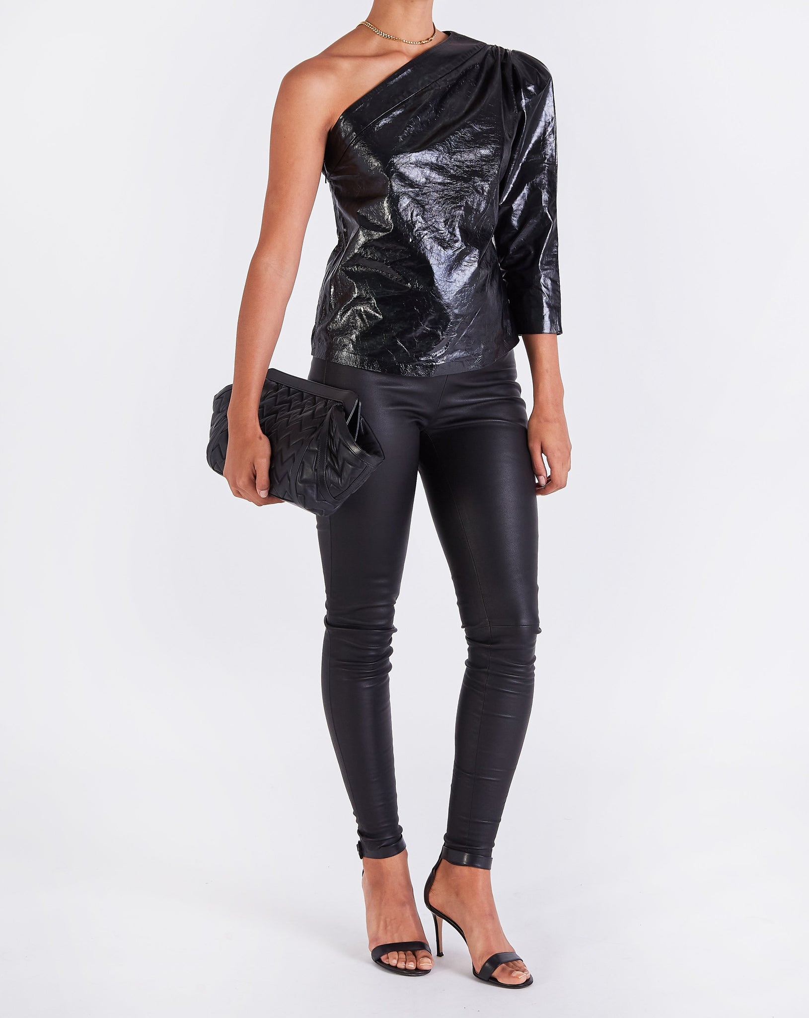Maud GLOSSY ONE SHOULDER TOP - BLACK